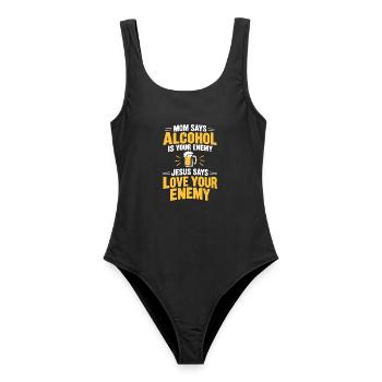 Mama sagt Alkohol ist dein Feind Jesus Humor - Frauen Badeanzug - Schwarz - Vorne - AI Model Female 172 light (172cm)