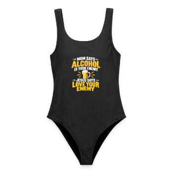 Mama sagt Alkohol ist dein Feind Jesus Humor - Frauen Badeanzug - Schwarz - Vorne - AI Model Female 172 light (172cm)