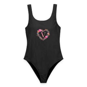 V Monogramm Blumen Herz personalisierbar - Frauen Badeanzug - Schwarz - Vorne - AI Model Female 172 light (172cm)