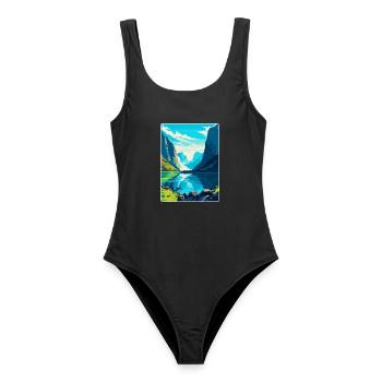 Die Fjorde Norwegen Vintage Reiseplakat Souvenir - Frauen Badeanzug - Schwarz - Vorne - AI Model Female 172 light (172cm)