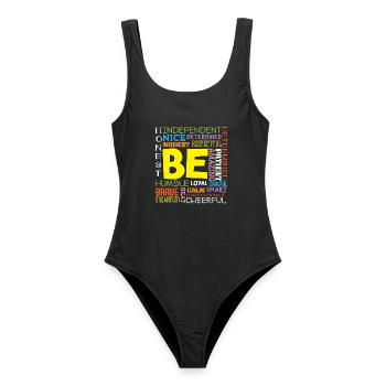 Motivationsshirt - Sei positiv - Frauen Badeanzug - Schwarz - Vorne - AI Model Female 172 light (172cm)