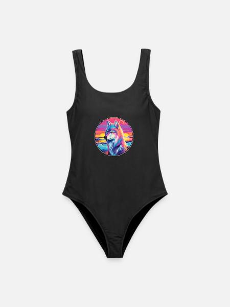 Arktischer Wolf Bunte Aquarell-Karikatur Kawaii Haustier - Frauen Badeanzug - Schwarz