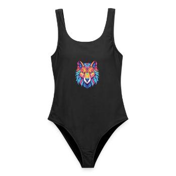 Wolf Buntes Aquarell Cartoon Kawaii Tier - Frauen Badeanzug - Schwarz - Vorne - AI Model Female 172 light (172cm)