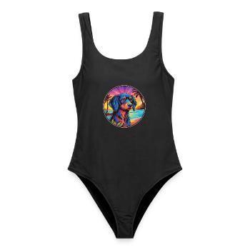 Slowakische Cuvac Hunderasse bunte Karikatur Aquarell - Frauen Badeanzug - Schwarz - Vorne - AI Model Female 172 light (172cm)