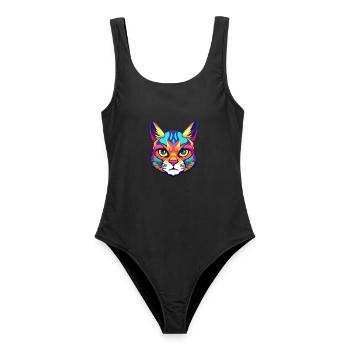 Deutsche Rex-Katzenrasse Aquarell-Karikatur Kawaii-Haustier - Frauen Badeanzug - Schwarz - Vorne - AI Model Female 172 light (172cm)