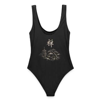 Zen Landschaft: Fuji-Pagode und Kiefer - Frauen Badeanzug - Schwarz - Hinten - AI Model Female 172 light (172cm)
