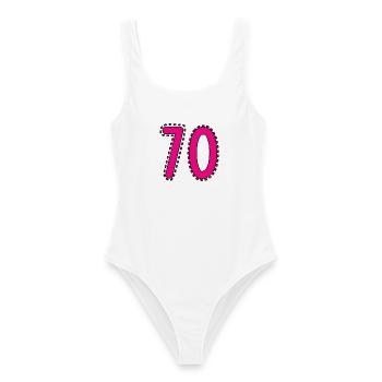 70. 70 JAHRE. 70. JAHRESTAG. 70-JÄHRIGES JUBILÄUM. - Frauen Badeanzug - Weiß - Vorne - AI Model Female 172 dark (172cm)