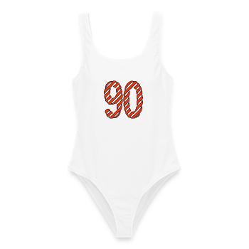 90. 90 JAHRE. 90-JÄHRIGES JUBILÄUM. 90-JÄHRIGES JUBILÄUM. - Frauen Badeanzug - Weiß - Vorne - AI Model Female 172 dark (172cm)