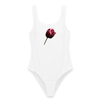 Tulpe weinrot rechts - Frauen Badeanzug - Weiß - Vorne - AI Model Female 172 dark (172cm)
