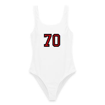 70. 70 YEARS. 70th ANNIVERSARY. 70 YEARS ANNIVERSARY. - Women's Swimsuit - white - Front - AI Model Female 172 dark (172cm)