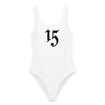 15. 15 JAHRE. 15. JAHRESTAG. 15-JÄHRIGES JUBILÄUM. - Frauen Badeanzug - Weiß - Vorne - AI Model Female 172 dark (172cm)