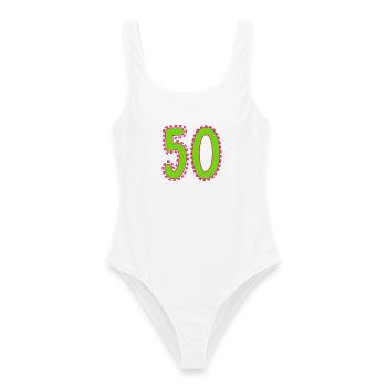 50. 50 JAHRE. 50-JÄHRIGES JUBILÄUM. 50-JÄHRIGES JUBILÄUM. - Frauen Badeanzug - Weiß - Vorne - AI Model Female 172 dark (172cm)