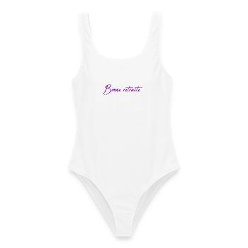 RETIREMENT. COLLEAGUE. RETIREMENT. RETIRED. RETIREMENT. - Women's Swimsuit - white - Front - AI Model Female 172 dark (172cm)