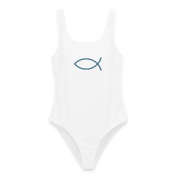 Blauer Jesusfisch Ichthys Jesus Fisch  - Frauen Badeanzug - Weiß - Vorne - AI Model Female 172 dark (172cm)