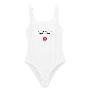 Gesicht mit Zunge raus - Wimpern Minimal - Frauen Badeanzug - Weiß - Vorne - AI Model Female 172 dark (172cm)