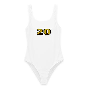 20. 20 JAHRE. 20-JÄHRIGES JUBILÄUM. 20-JÄHRIGES JUBILÄUM. - Frauen Badeanzug - Weiß - Vorne - AI Model Female 172 dark (172cm)