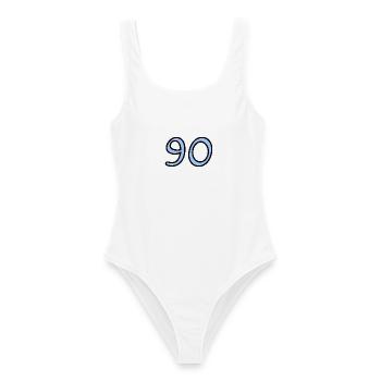 90. 90 JAHRE. 90-JÄHRIGES JUBILÄUM. 90-JÄHRIGES JUBILÄUM. - Frauen Badeanzug - Weiß - Vorne - AI Model Female 172 dark (172cm)