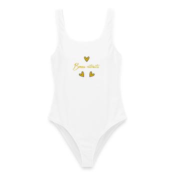 RETIREMENT. COLLEAGUE. RETIREMENT. RETIRED. RETIREMENT. - Women's Swimsuit - white - Front - AI Model Female 172 dark (172cm)
