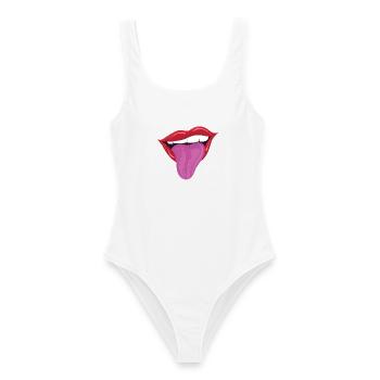 Rausgestreckte Zunge - Freche rote Lippen - Frauen Badeanzug - Weiß - Vorne - AI Model Female 172 dark (172cm)
