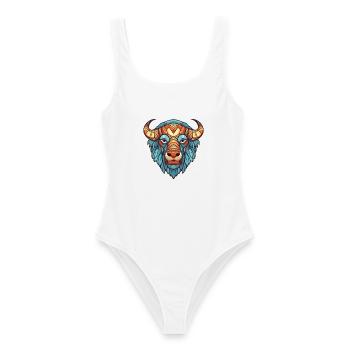 Bison Afrikanischer Büffel Buntes Aquarell Tier - Frauen Badeanzug - Weiß - Vorne - AI Model Female 172 dark (172cm)