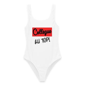COLLEAGUE. START. RETIREMENT. EMPLOYMENT. HUMOR - Women's Swimsuit - white - Front - AI Model Female 172 dark (172cm)