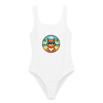 Ginger Longhair Cat Breed Cartoon Sunglasses Beach - Women's Swimsuit - white - Front - AI Model Female 172 dark (172cm)