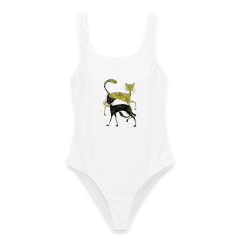 goldene und schwarze Katze mit abstrakten Muster - Frauen Badeanzug - Weiß - Vorne - AI Model Female 172 dark (172cm)