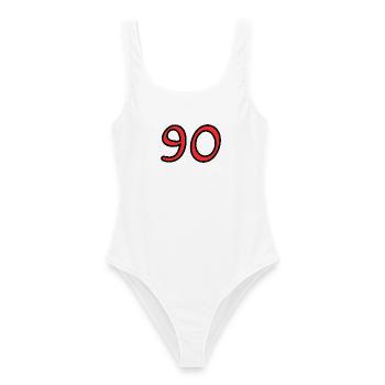 90. 90 JAHRE. 90-JÄHRIGES JUBILÄUM. 90-JÄHRIGES JUBILÄUM. - Frauen Badeanzug - Weiß - Vorne - AI Model Female 172 dark (172cm)