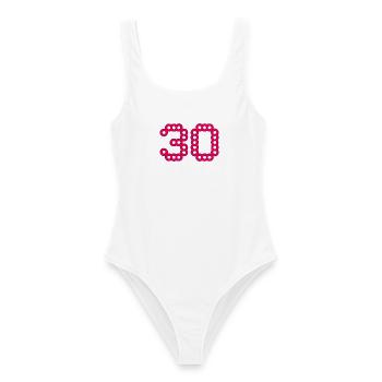 30. 30 YEARS. 30th ANNIVERSARY. 30 YEARS ANNIVERSARY. - Women's Swimsuit - white - Front - AI Model Female 172 dark (172cm)