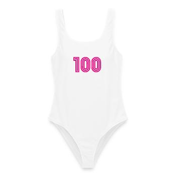 100. 100 JAHRE. 100-JÄHRIGES JUBILÄUM. 100. GEBURTSTAG - Frauen Badeanzug - Weiß - Vorne - AI Model Female 172 dark (172cm)