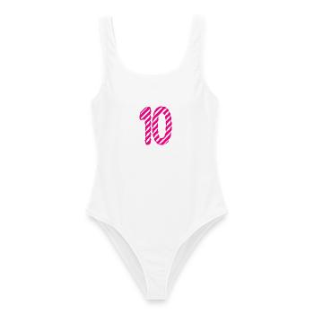 10. 10 JAHRE. 10-JÄHRIGES JUBILÄUM. 10-JÄHRIGES JUBILÄUM. - Frauen Badeanzug - Weiß - Vorne - AI Model Female 172 dark (172cm)