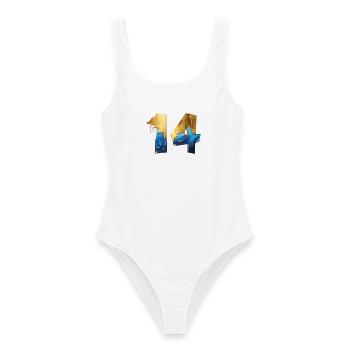 NR. 14 NUMMER 14 COOL 14. GEBURTSTAG - Frauen Badeanzug - Weiß - Vorne - AI Model Female 172 dark (172cm)