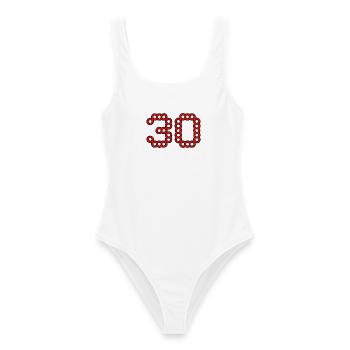 30. 30 YEARS. 30th ANNIVERSARY. 30 YEARS ANNIVERSARY. - Women's Swimsuit - white - Front - AI Model Female 172 dark (172cm)