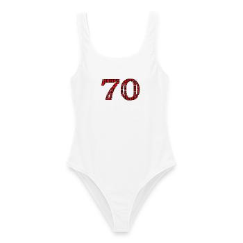 70. 70 YEARS. 70th ANNIVERSARY. 70 YEARS ANNIVERSARY. - Women's Swimsuit - white - Front - AI Model Female 172 dark (172cm)