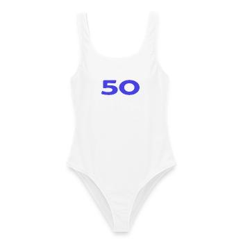 50. 50 JAHRE. 50-JÄHRIGES JUBILÄUM. 50-JÄHRIGES JUBILÄUM. - Frauen Badeanzug - Weiß - Vorne - AI Model Female 172 dark (172cm)