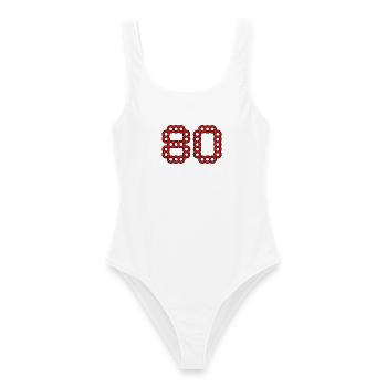 80. 80 ANS. 80e ANNIVERSAIRE. ANNIVERSAIRE 80 ANS. - Maillot de bain femme - blanc - Devant - AI Model Female 172 dark (172cm)