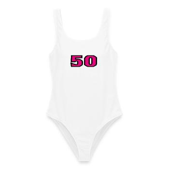 50. 50 JAHRE. 50-JÄHRIGES JUBILÄUM. 50-JÄHRIGES JUBILÄUM. - Frauen Badeanzug - Weiß - Vorne - AI Model Female 172 dark (172cm)