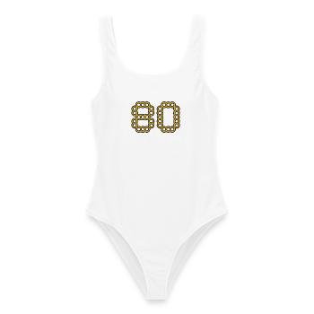 80. 80 YEARS. 80th ANNIVERSARY. 80 YEARS ANNIVERSARY. - Women's Swimsuit - white - Front - AI Model Female 172 dark (172cm)