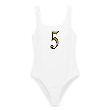 5. 5 JAHRE. 5. JAHRESTAG. 5-JÄHRIGES JUBILÄUM - Frauen Badeanzug - Weiß - Vorne - AI Model Female 172 dark (172cm)