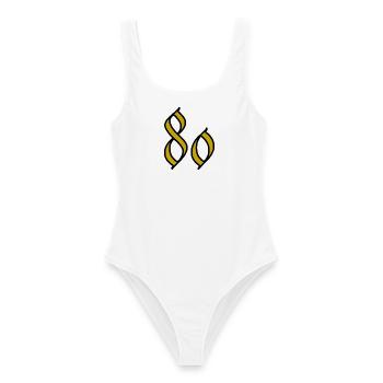 80. 80 YEARS. 80th ANNIVERSARY. 80 YEARS ANNIVERSARY. - Women's Swimsuit - white - Front - AI Model Female 172 dark (172cm)