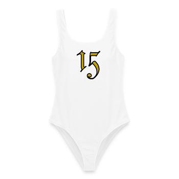 15. 15 JAHRE. 15. JAHRESTAG. 15-JÄHRIGES JUBILÄUM. - Frauen Badeanzug - Weiß - Vorne - AI Model Female 172 dark (172cm)