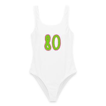 80. 80 YEARS. 80th ANNIVERSARY. 80 YEARS ANNIVERSARY. - Women's Swimsuit - white - Front - AI Model Female 172 dark (172cm)