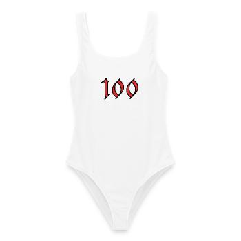 100. 100 JAHRE. 100-JÄHRIGES JUBILÄUM. GEBURTSTAG 100 - Frauen Badeanzug - Weiß - Vorne - AI Model Female 172 dark (172cm)