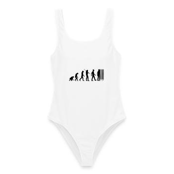 Evolution Barcode - Vom Affen zum Strichcode - Frauen Badeanzug - Weiß - Vorne - AI Model Female 172 dark (172cm)