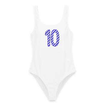 10. 10 JAHRE. 10-JÄHRIGES JUBILÄUM. 10-JÄHRIGES JUBILÄUM. - Frauen Badeanzug - Weiß - Vorne - AI Model Female 172 dark (172cm)
