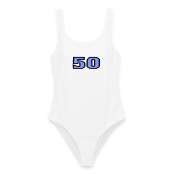 50. 50 JAHRE. 50-JÄHRIGES JUBILÄUM. 50-JÄHRIGES JUBILÄUM. - Frauen Badeanzug - Weiß - Vorne - AI Model Female 172 dark (172cm)