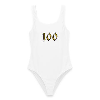 100. 100 JAHRE. 100-JÄHRIGES JUBILÄUM. GEBURTSTAG 100 - Frauen Badeanzug - Weiß - Vorne - AI Model Female 172 dark (172cm)