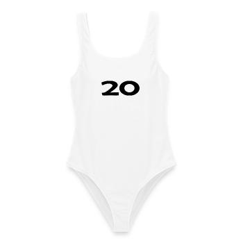 20. 20 JAHRE. 20-JÄHRIGES JUBILÄUM. 20-JÄHRIGES JUBILÄUM. - Frauen Badeanzug - Weiß - Vorne - AI Model Female 172 dark (172cm)