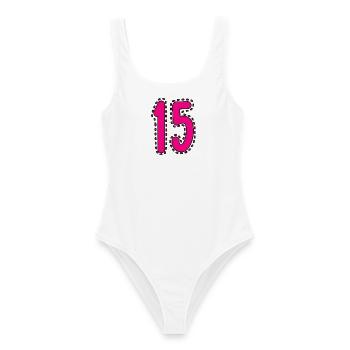 15. 15 JAHRE. 15. JAHRESTAG. 15-JÄHRIGES JUBILÄUM. - Frauen Badeanzug - Weiß - Vorne - AI Model Female 172 dark (172cm)