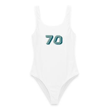 70. 70 JAHRE. 70. JAHRESTAG. 70-JÄHRIGES JUBILÄUM. - Frauen Badeanzug - Weiß - Vorne - AI Model Female 172 dark (172cm)